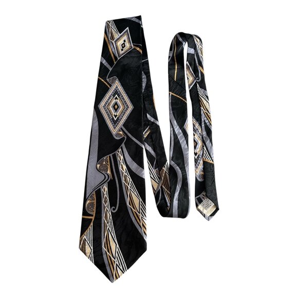 Alexander Lloyd Men’s Silk Tie – Geometric Diamond Pattern – Black, Gold, Gray – - Picture 1 of 4